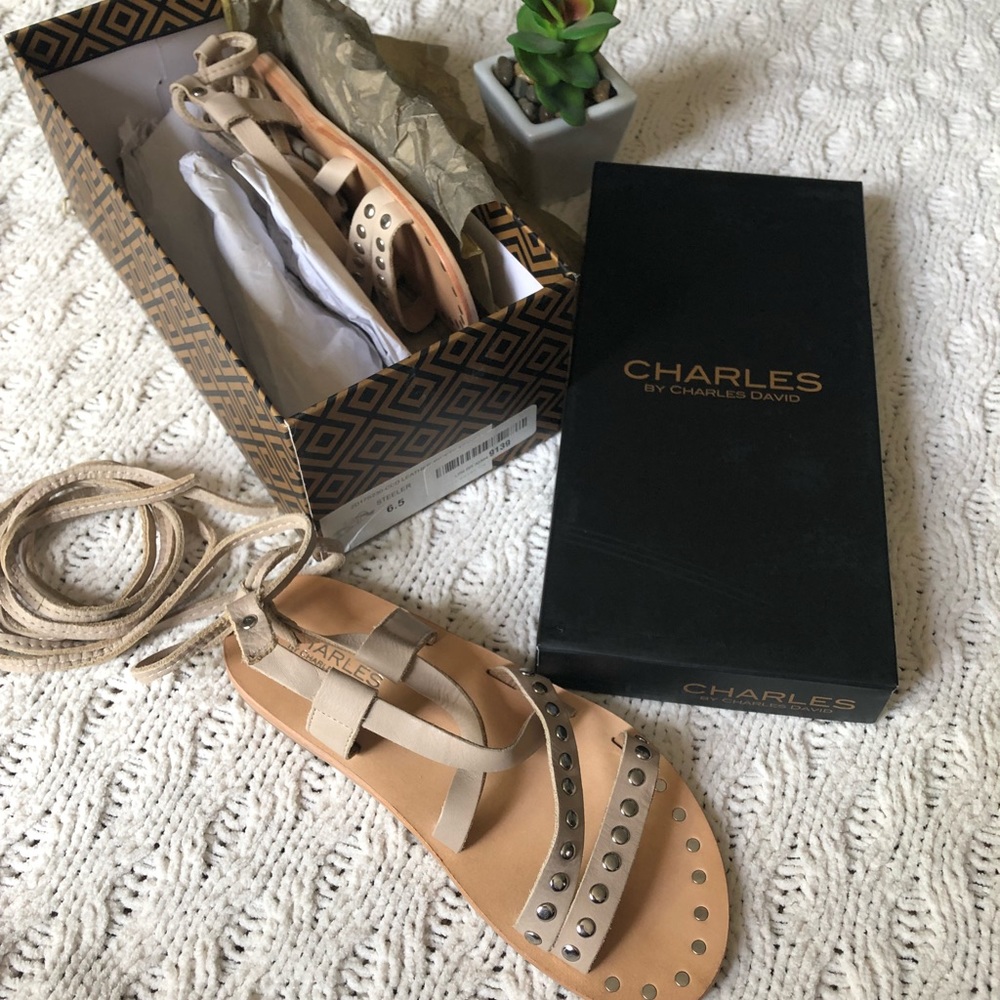 Charles David Beige Studded Lace-Up Leather Sandals